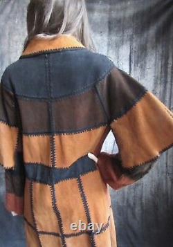 Vintage Superb Suede Leather Patchwork Crochet Coat UK 10 12