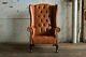 Vintage Tan Brown Leather Deep Buttoned High Back Chesterfield Wing Chair