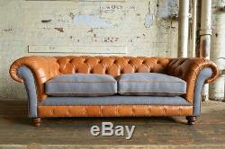 Vintage Tan Brown Leather & Grey Wool 3 Seater Chesterfield Sofa, Couch, Settee