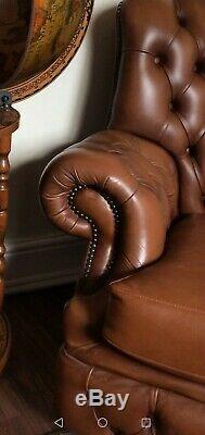 Vintage Tan Chesterfield Armchair Monks Winged Back in Great Condition