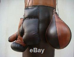 Vintage Tan & Dark Brown Leather Boxing Gym Punch Bag, Gloves, Ball Retro