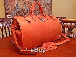 Vintage Tan Heavy Saddle Leather Gladstone Travel Bag / Doctor Bag / Duffle