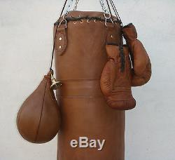 Vintage Tan Leather Boxing Gym Punch Bag, Gloves, Punch Ball & Fitting Retro