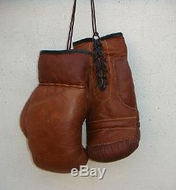 Vintage Tan Leather Boxing Gym Training Punch Bag & Boxing Gloves Retro