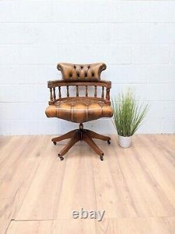 Vintage Tan Leather Chesterfield Style Swivel Captains Chair