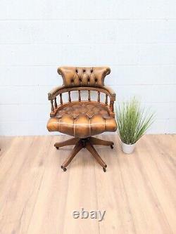 Vintage Tan Leather Chesterfield Style Swivel Captains Chair
