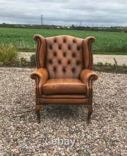 Vintage Tan Leather Chesterfield Wingback Queen Anne Chair
