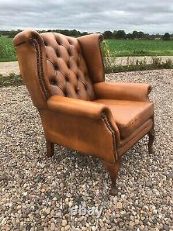 Vintage Tan Leather Chesterfield Wingback Queen Anne Chair