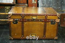 Vintage Tan Leather Coffee Table Chest Trunk with Antique leather Trim