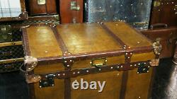 Vintage Tan Leather Coffee Table Chest Trunk with Antique leather Trim