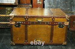 Vintage Tan Leather Coffee Table Chest Trunk with Antique leather Trim handmade