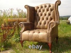 Vintage Tan Leather Hand Made Wing Back Chair