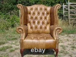 Vintage Tan Leather Hand Made Wing Back Chair