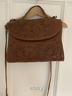 Vintage Tan Leather Hand Tooled Cross Body Handbag