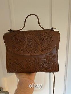 Vintage Tan Leather Hand Tooled Cross Body Handbag