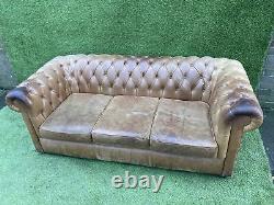 Vintage Tan Leather Scroll Arm Deep Button Brown Chesterfield 3 Seater Sofa
