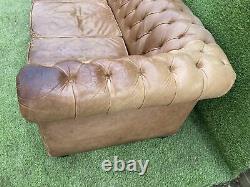 Vintage Tan Leather Scroll Arm Deep Button Brown Chesterfield 3 Seater Sofa