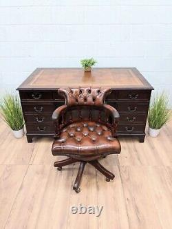 Vintage Tan Leather Top Captains Pedestal Desk, Swivel Captains Chair