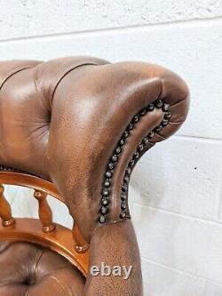 Vintage Tan Leather Top Captains Pedestal Desk, Swivel Captains Chair