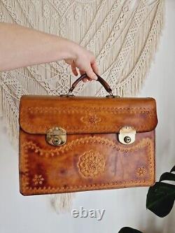 Vintage Tooled Tan Real Leather Briefcase Work Bag Bohemian