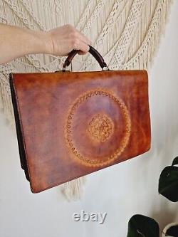 Vintage Tooled Tan Real Leather Briefcase Work Bag Bohemian