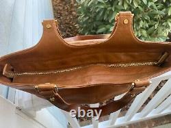 Vintage Tory Burch Bombe Glazed Leather Handbag Zip Top Tote in Luggage tan-$550