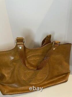 Vintage Tory Burch Bombe Glazed Leather Handbag Zip Top Tote in Luggage tan-EUC