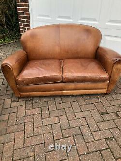Vintage Two Seater Tan Distressed Leather French Style Sofa
