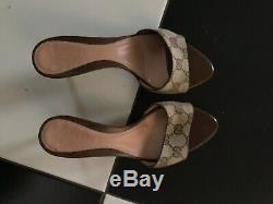Vintage gucci brown tan canvas monogram leather kitten heels shoes 36