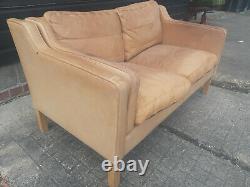 Vintage retro Danish Mid Century 2 seater tan brown leather sofa couch