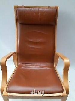 Vintage retro Danish mid century tan brown leather bentwood wood chair armchair