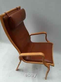 Vintage retro Danish mid century tan brown leather bentwood wood chair armchair