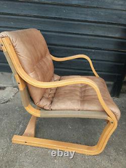 Vintage retro antique Danish mid century armchair lounge chair brown tan leather