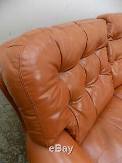 Vintage, retro, curved, large, tan, three seat, leather, button back, sofa, settee, 3 seat
