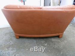 Vintage, retro, curved, large, tan, three seat, leather, button back, sofa, settee, 3 seat