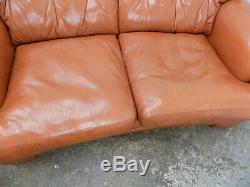 Vintage, retro, curved, large, tan, two seat, leather, button back, sofa, settee, 2seat