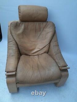 Vintage retro mid century tan leather Danish armchair chair Ake friybytter high