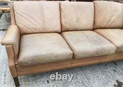 Vintage retro tan light brown leather Danish sofa couch 60s 70s mid century