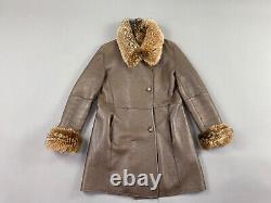 Vintage soft brown leather sheepskin coat tan/black fur collar cuffs winter