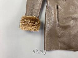 Vintage soft brown leather sheepskin coat tan/black fur collar cuffs winter