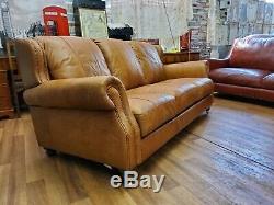 Vintage tan French Art Deco club antique Leather Sofa 3 seater 2