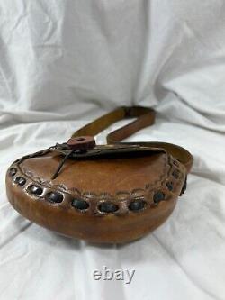 Vintage tan brown leather tooled semi structured shoulder bag with tapestry