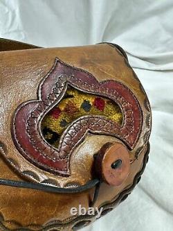 Vintage tan brown leather tooled semi structured shoulder bag with tapestry