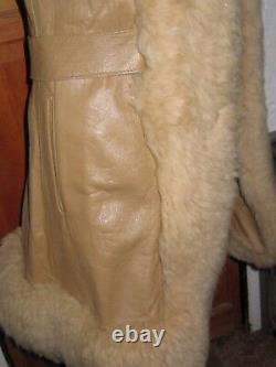 Vtg 70's Shearling Leather Coat Tan Fur Cuffs Boho Hippie Open Front Xs Woweee