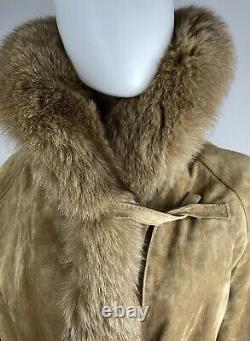 Vtg LOEWE Tan Suede Leather Real Fox Fur Trench Coat Saks Potts