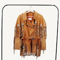 Vtg Suede Leather Western Fringe Concho Leather Asymmetrical Jacket by Cache Tan
