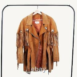 Vtg Suede Leather Western Fringe Concho Leather Asymmetrical Jacket by Cache Tan