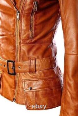 WOMEN Biker Tan Brando Motorcycle Aviator Vintage Fashion Real Leather Jacket