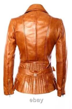 WOMEN Biker Tan Brando Motorcycle Aviator Vintage Fashion Real Leather Jacket
