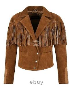 Women Vintage 90s Fringe Tan Cow Suede Leather Western Short Body Leather Jacket